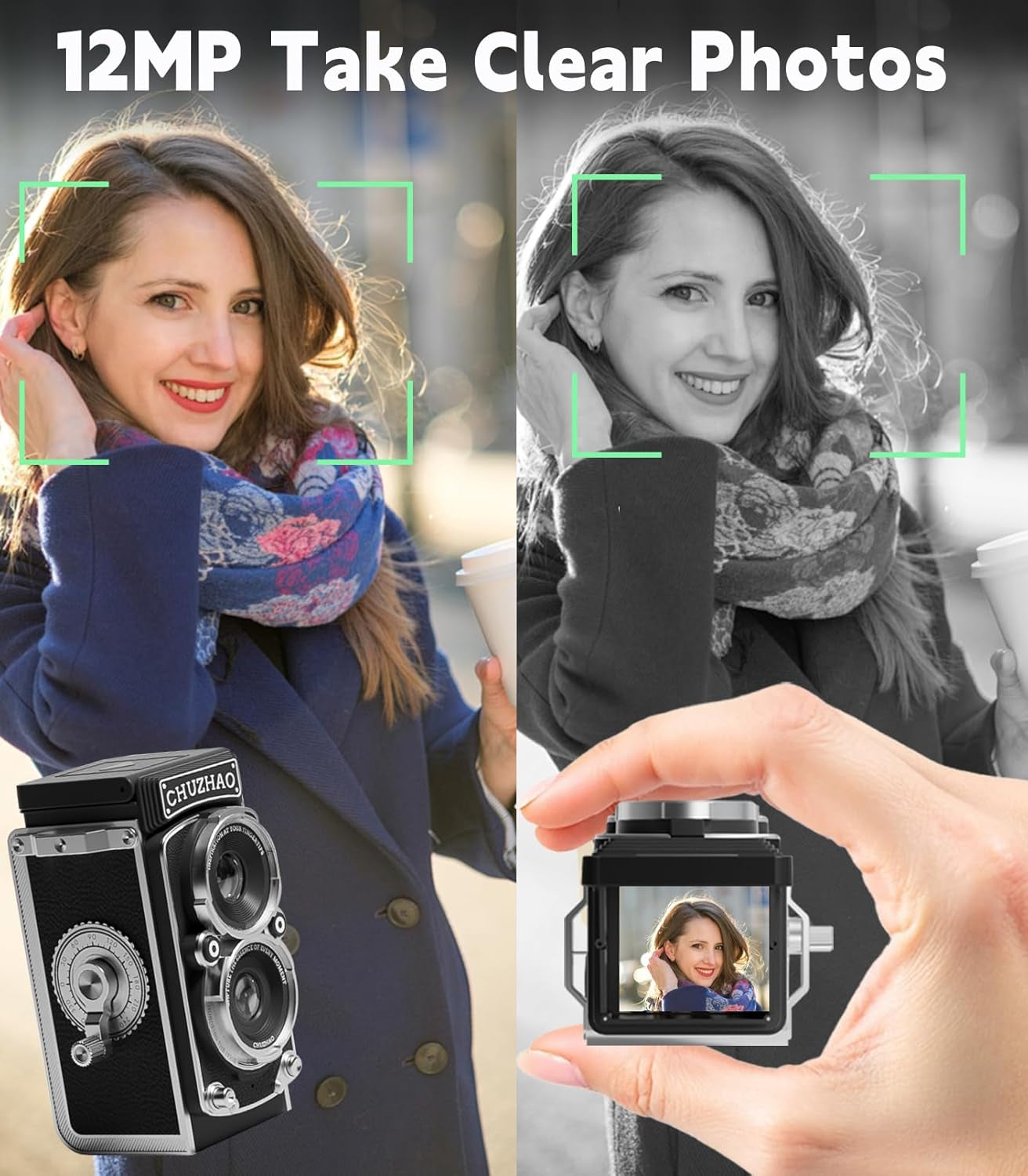 CHUZHAO Vintage Mini Digital Camera, Portable TLR Style Retro Point and Shoot Co