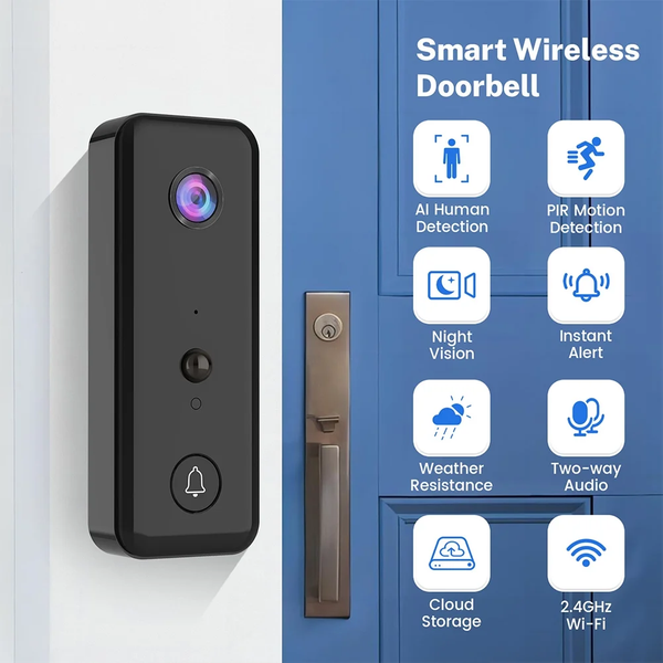 Wireless Doorbell Camera with Chime, Wireless Video Doorbell with PIR Human Detection, Cloud Storage, 2-Way Audio, Night Vision, 2.4G Wifi for Home Office